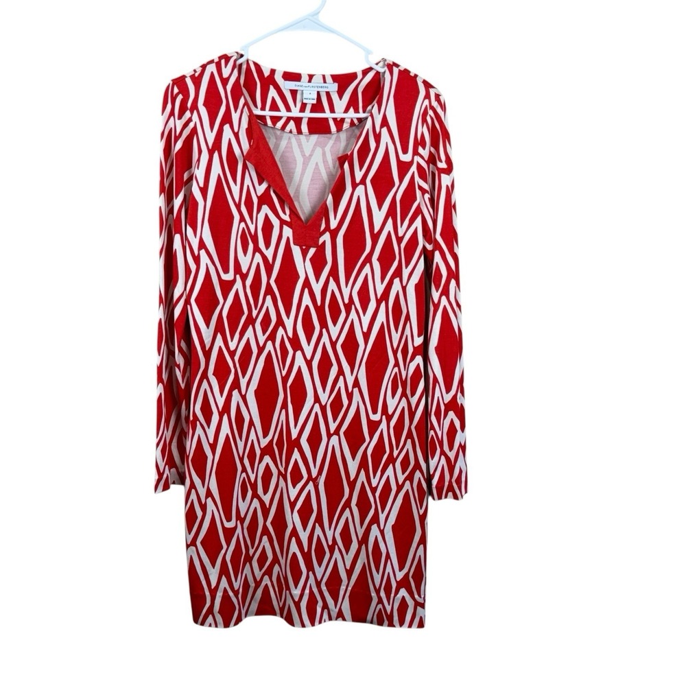 Diane von Furstenberg Reina Poppy White Silk Diamond Ikat V Neck Sheath Dress 6